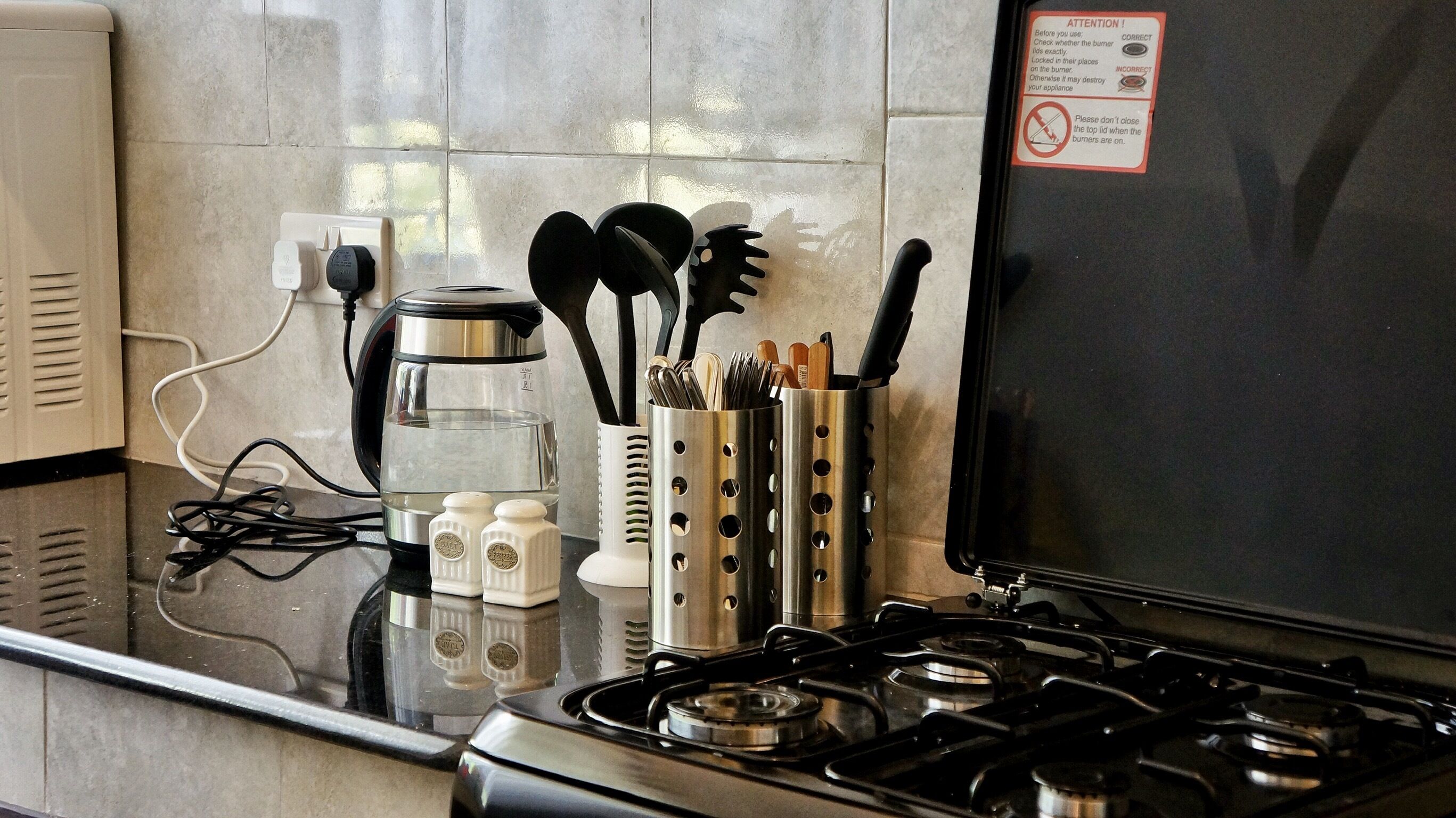 Microwave, coffee/tea maker, cookware/dishes/utensils