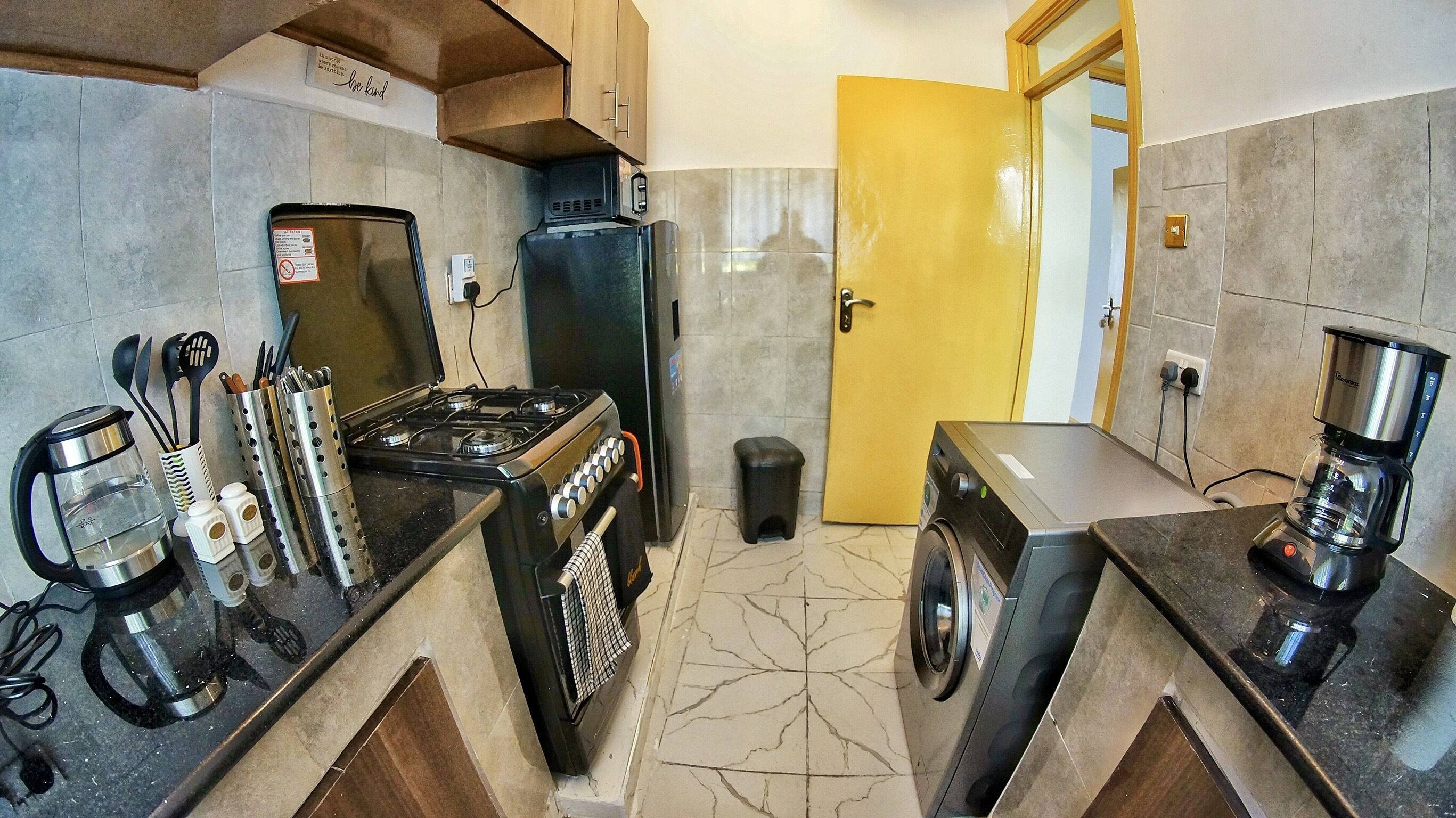 Microwave, coffee/tea maker, cookware/dishes/utensils