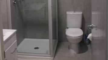 Shower, free toiletries, hair dryer, towels