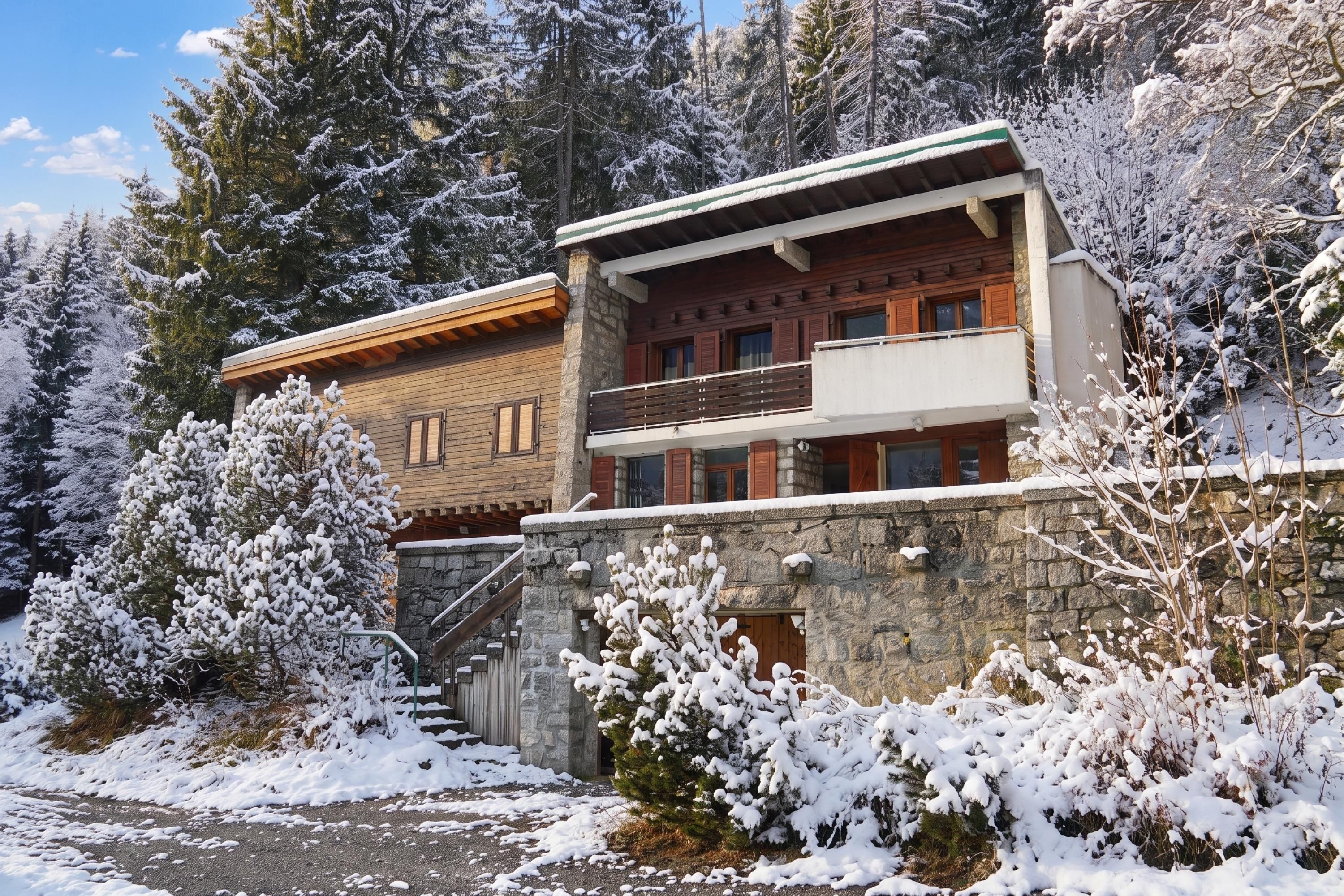 A two-story lodge with a stone facade, wooden balconies, and a snow-covered landscape.