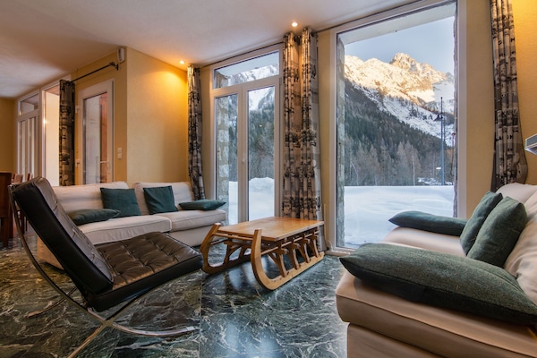 Bright living space with a view of the Argentiere Glacier