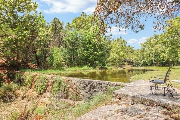 A stone bench by a calm pond surrounded by lush greenery.