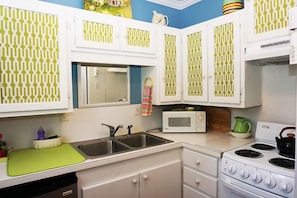 Kitchen with microwave, stove, oven, and dishwasher