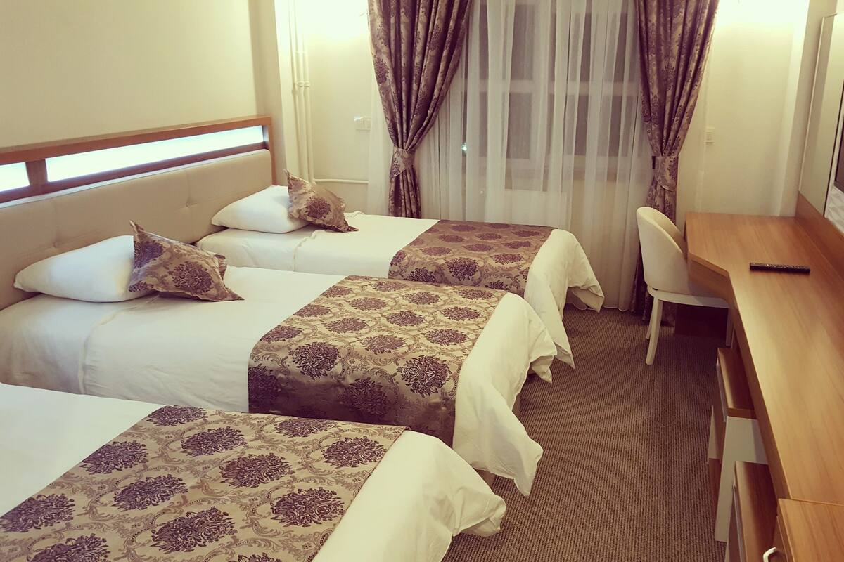 Ein Hotelzimmer mit zwei Betten, einem Schreibtisch, einem Stuhl und einem Fernseher.