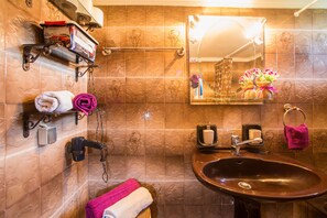 Secador de cabelo, toalhas de banho, sabonete, papel higiênico