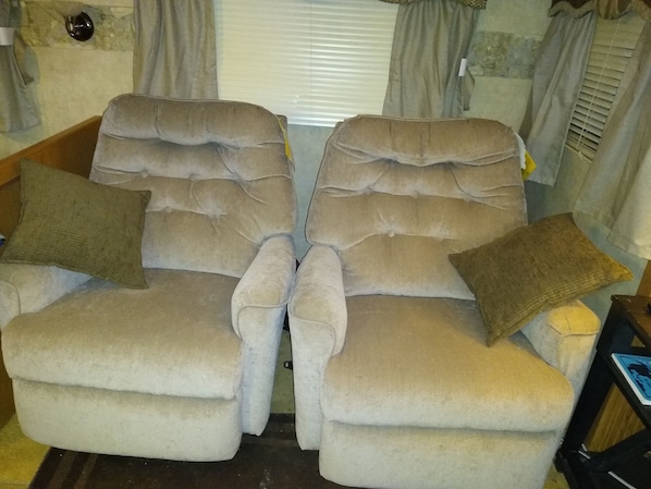 TV, fireplace, DVD player, video library - this is a very spacious RV that sits under 2 large trees (Iron Station)