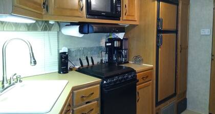 this is a very spacious RV that sits under 2 large trees