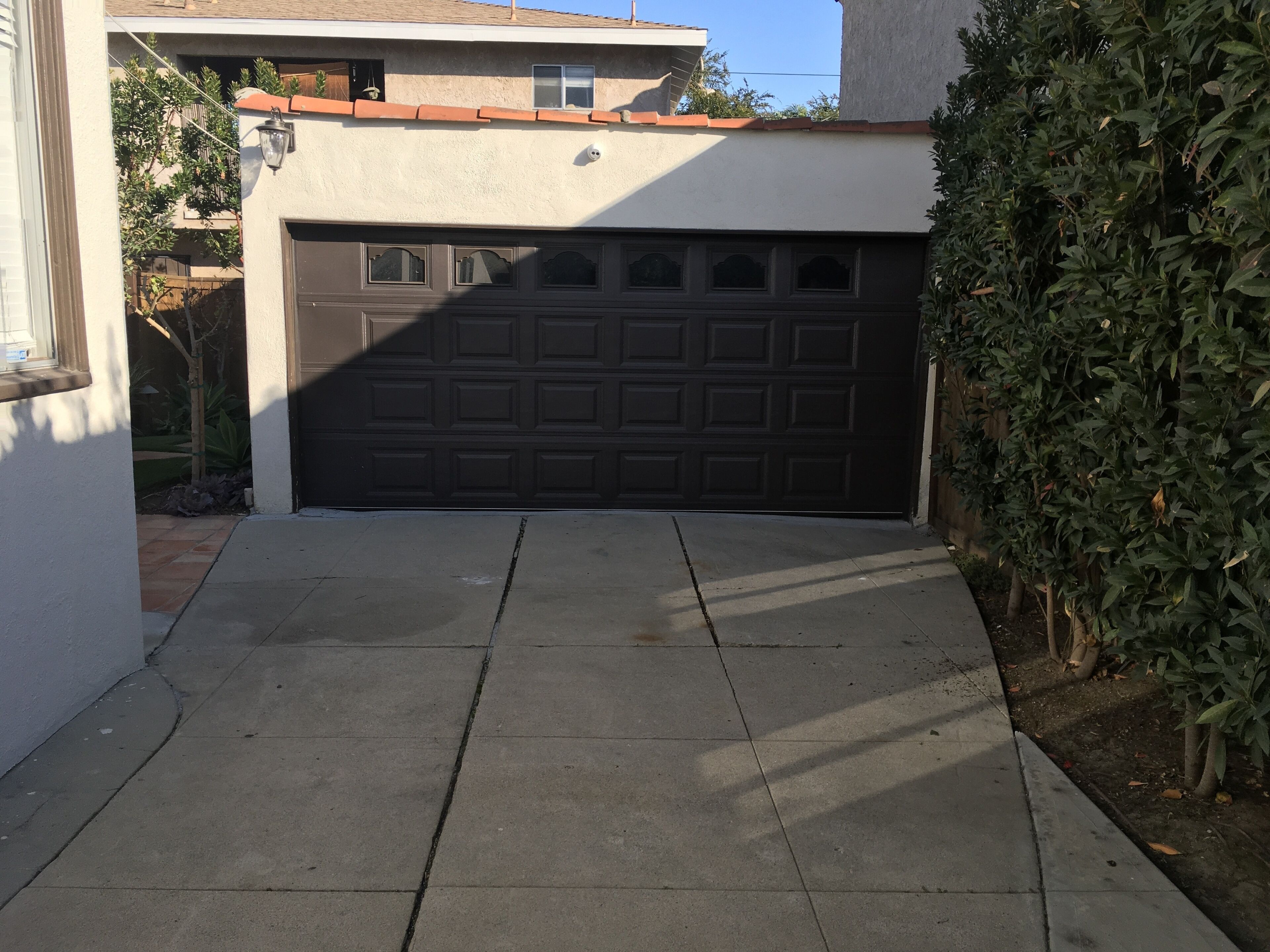 A residential garage with a concrete driveway and a large hedge on the right.