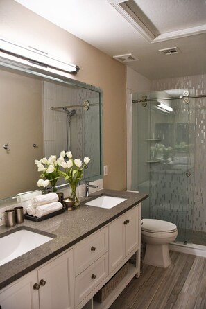 Shower, hair dryer, towels, soap