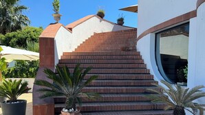 Ein Gebäude mit einer Treppe, die zu einer Tür führt, umgeben von Topfpflanzen und blauem Himmel.