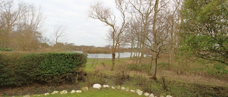 Een gazon met een stenen rand, bomen en een waterpartij in de achtergrond.
