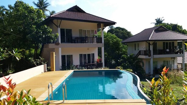 A two-story hotel with a swimming pool, surrounded by lush greenery and palm trees.