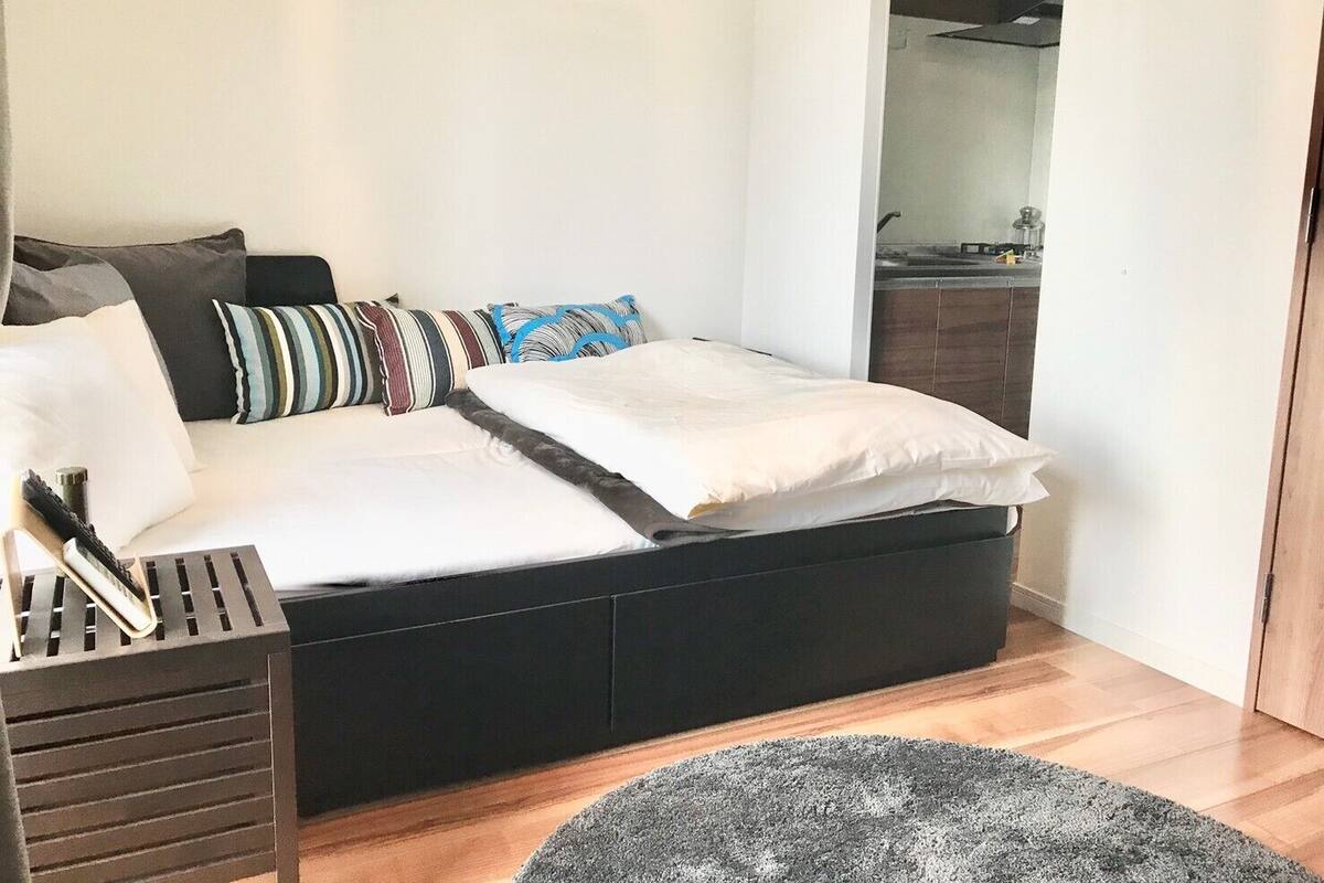 A modern bedroom with a black bed, white bedding, and striped pillows. There is a wooden floor and a gray rug.