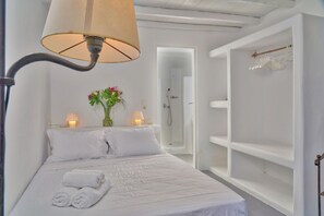 Habitación de hotel con cama, dos lámparas de noche, un florero con flores, zona de ducha y armario.
