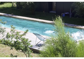 Une piscine rectangulaire à l’eau d’un bleu limpide, entourée d’une terrasse en bois et agrémentée de quelques plantes.