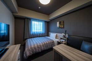 A hotel room with a bed, a desk, a TV, and a window with curtains.
