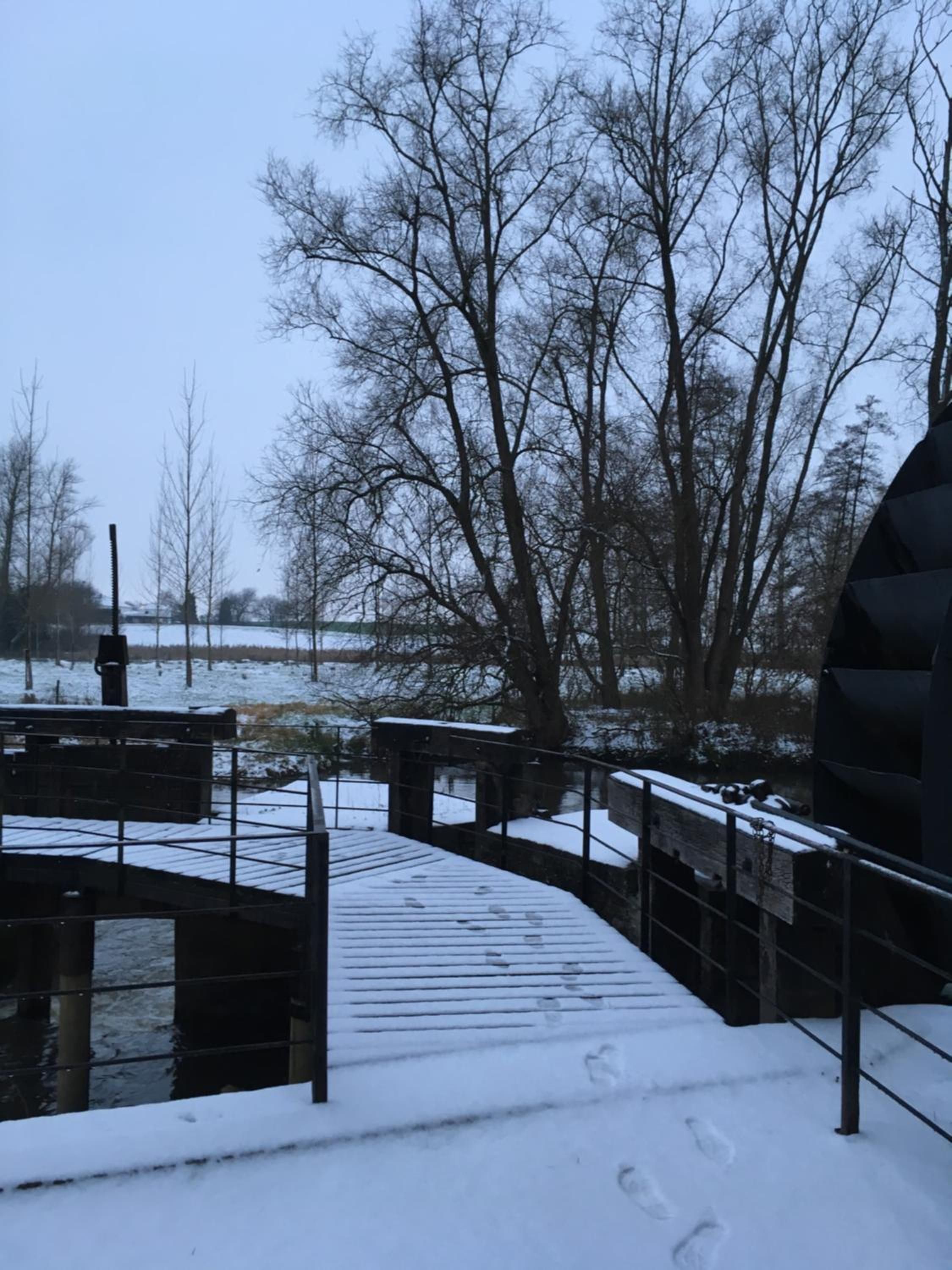 A snow-covered wooden bridge in a park with bare trees and a clear sky.