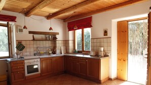 A kitchen with wooden cabinets, a built-in oven, and a window with a view of trees. - Agriturismo Walden (Ficulle)