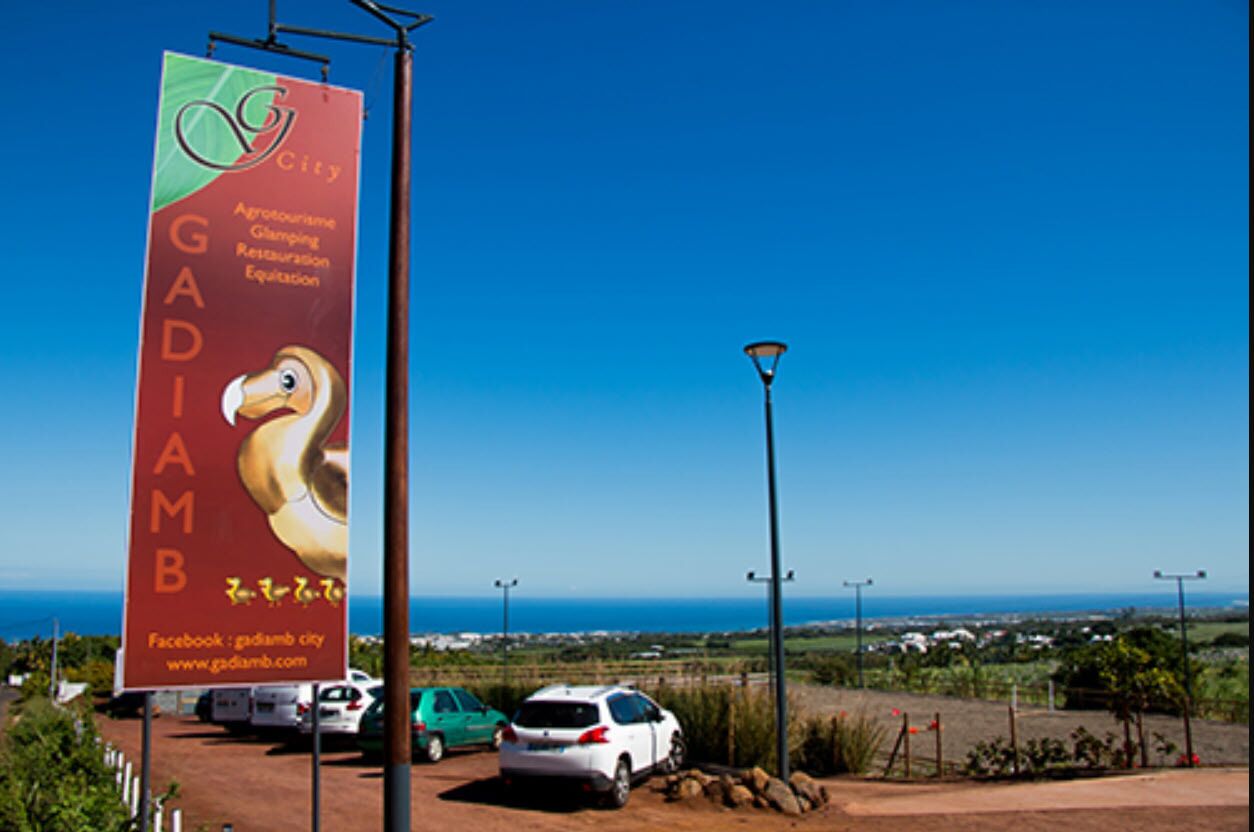 A signboard with a bird and text, parked cars, and a clear view of the ocean.