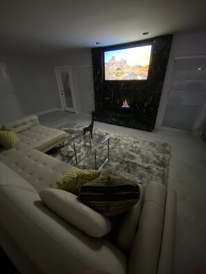 LCD TV, fireplace, stereo