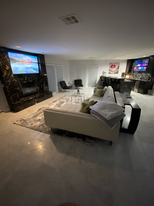 LCD TV, fireplace, stereo