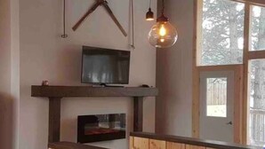 Ein modernes Interieur mit einem Fernseher auf einer Holzablage, einer Pendelleuchte und einem Fenster mit Blick auf Bäume.