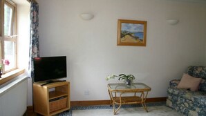 Un salón con una televisión sobre un mueble de madera, una mesa con cubierta de vidrio y una planta, un cuadro en la pared, y un sofá estampado.