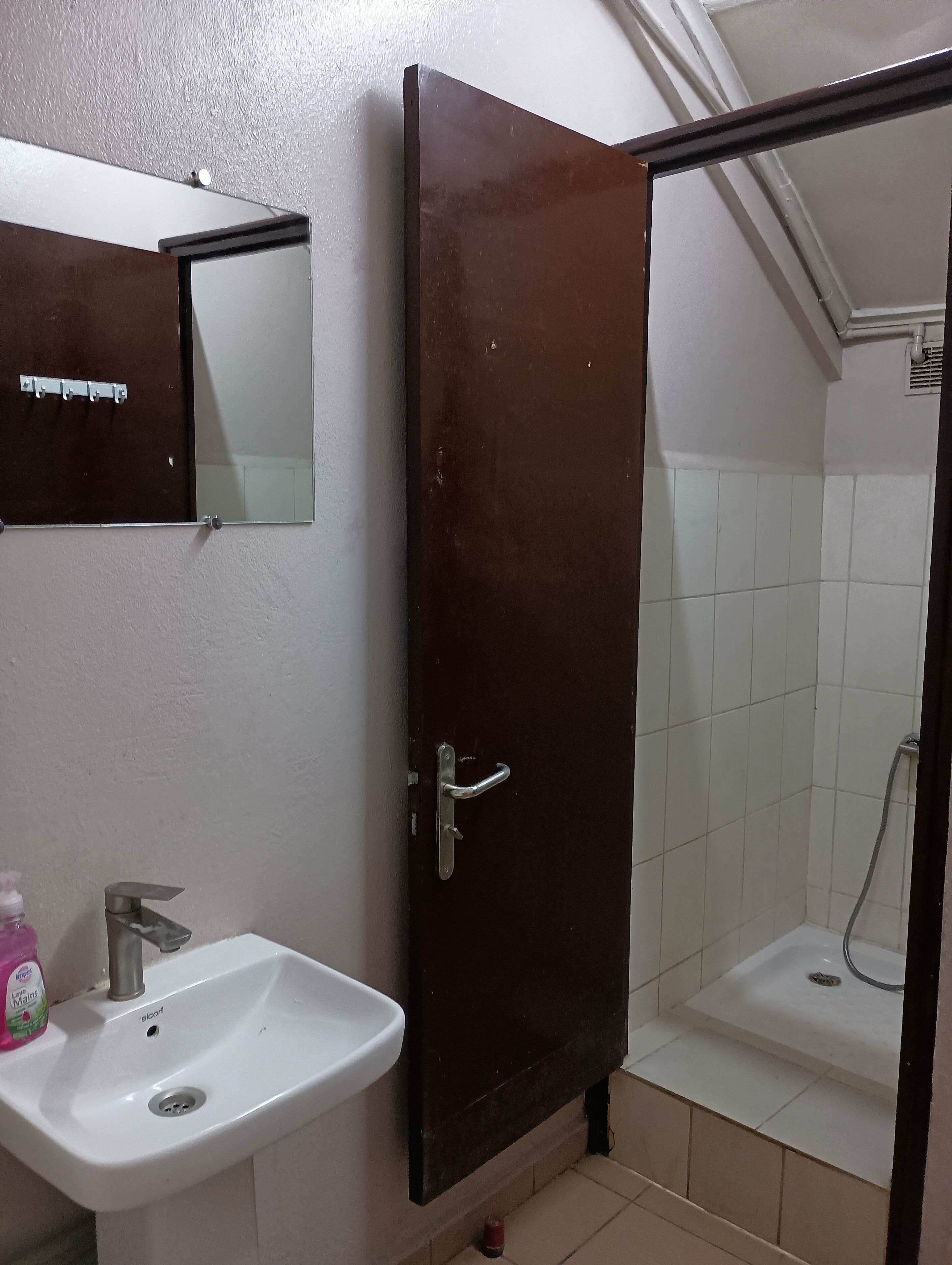 A bathroom with a white sink, a mirror, a dark door, and a shower area.
