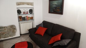 A living room with a black sofa, red and grey cushions, a stone wall, a radiator, and a shelf with decorative items. - LUCAS LUXURY HOUSE .. (LUNI)