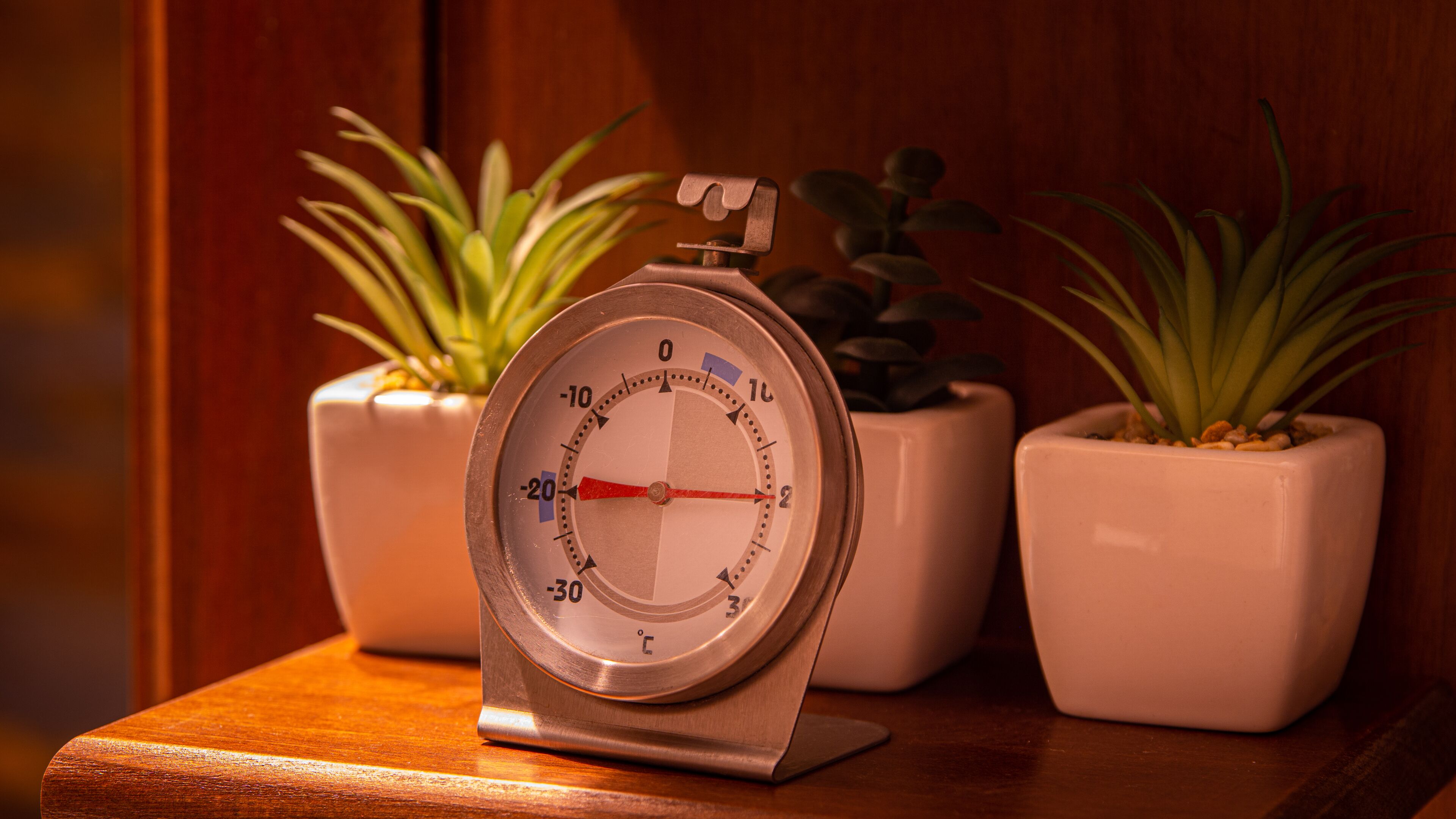 A bathroom with a wooden vanity, a mirror, and a clock. There are three potted plants on the vanity.