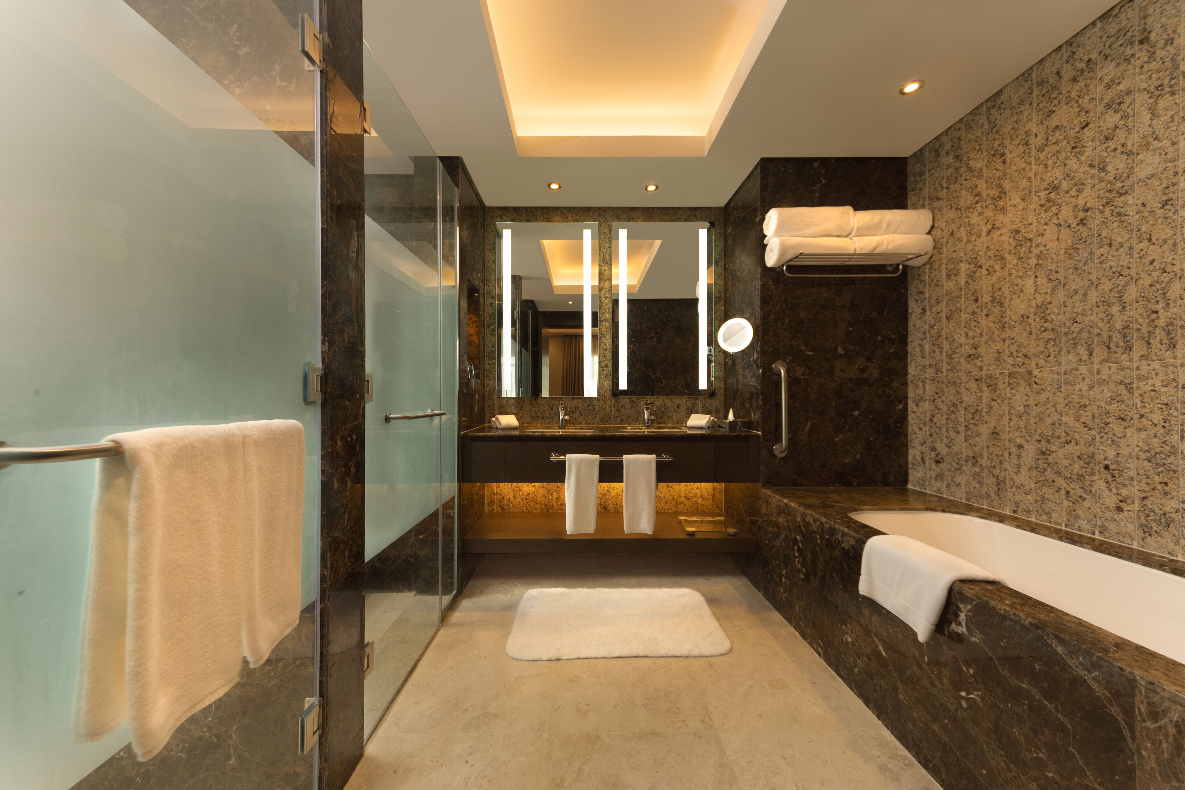 separate bathtub and shower, deep-soaking bathtub