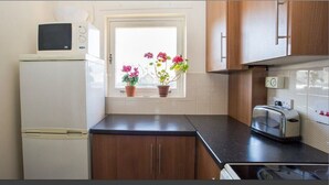 Una cocina compacta con refrigerador, microondas, tostadora y una ventana con plantas en macetas.