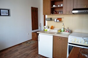 Economy Studio, Balcony | Private kitchen | Fridge, oven, stovetop, electric kettle