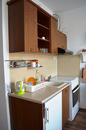 Economy studio, balkon | Privékeuken | Een koelkast, een oven, een kookplaat, een waterkoker