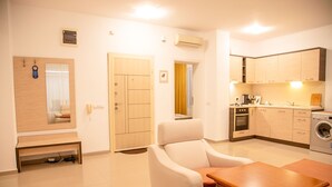 Deluxe Apartment, 2 Bedrooms, Balcony, Sea View | Private kitchen | Coffee/tea maker, fridge, oven, stovetop - FM Deluxe 2-BDR Apartment with Pool & Sea View in Sun Resort (Tsarevo)