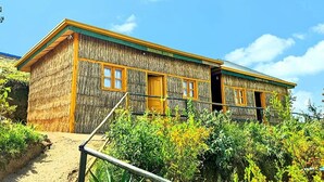 Een rustiek houten gebouw met de naam 'Innovative Cottage', voorzien van een rieten dak, een houten veranda en een onverharde pad er naartoe.