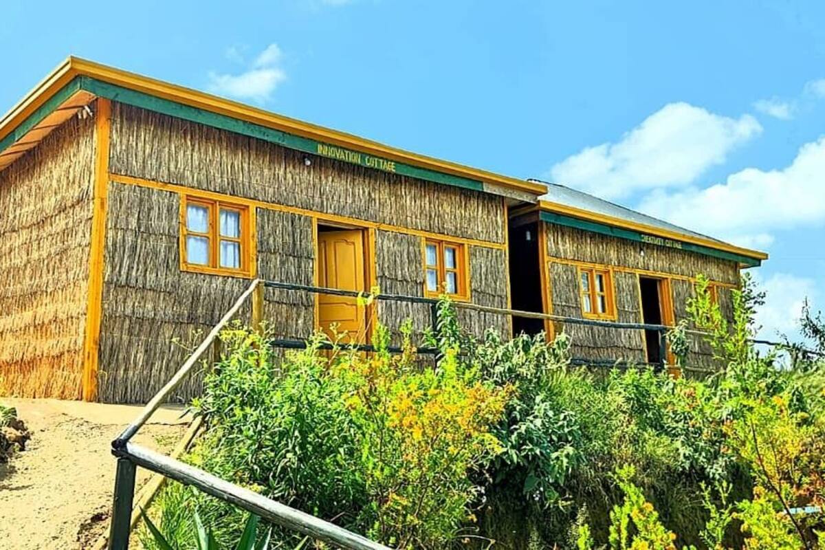 A rustic, wooden building labeled "Innovative Cottage" with a thatched roof, a wooden porch, and a dirt path leading to it.