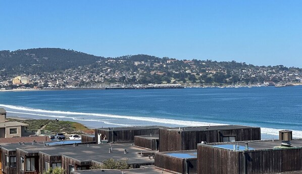 A coastal view with a wooden building complex in the foreground and a hillside town in the background.