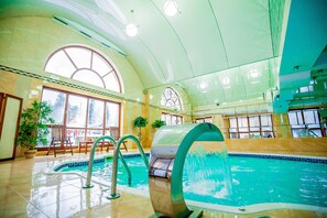 Indoor pool, open 9:00 AM to 8:00 PM, sun loungers