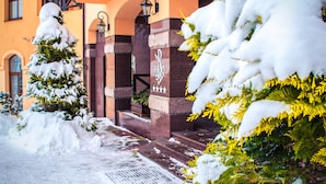 Una entrada cubierta de nieve con un arco de piedra y un abeto cubierto de nieve.