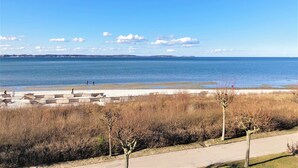 A coastal view with a clear sky, a sandy beach, and a few people walking. - Apartment Eltje on the 1st floor (Laboe)