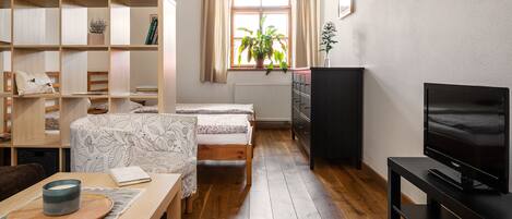 Habitació acollidora amb sòl de fusta, llit amb llençol estampat, prestatgeries, televisió i finestra amb cortines.