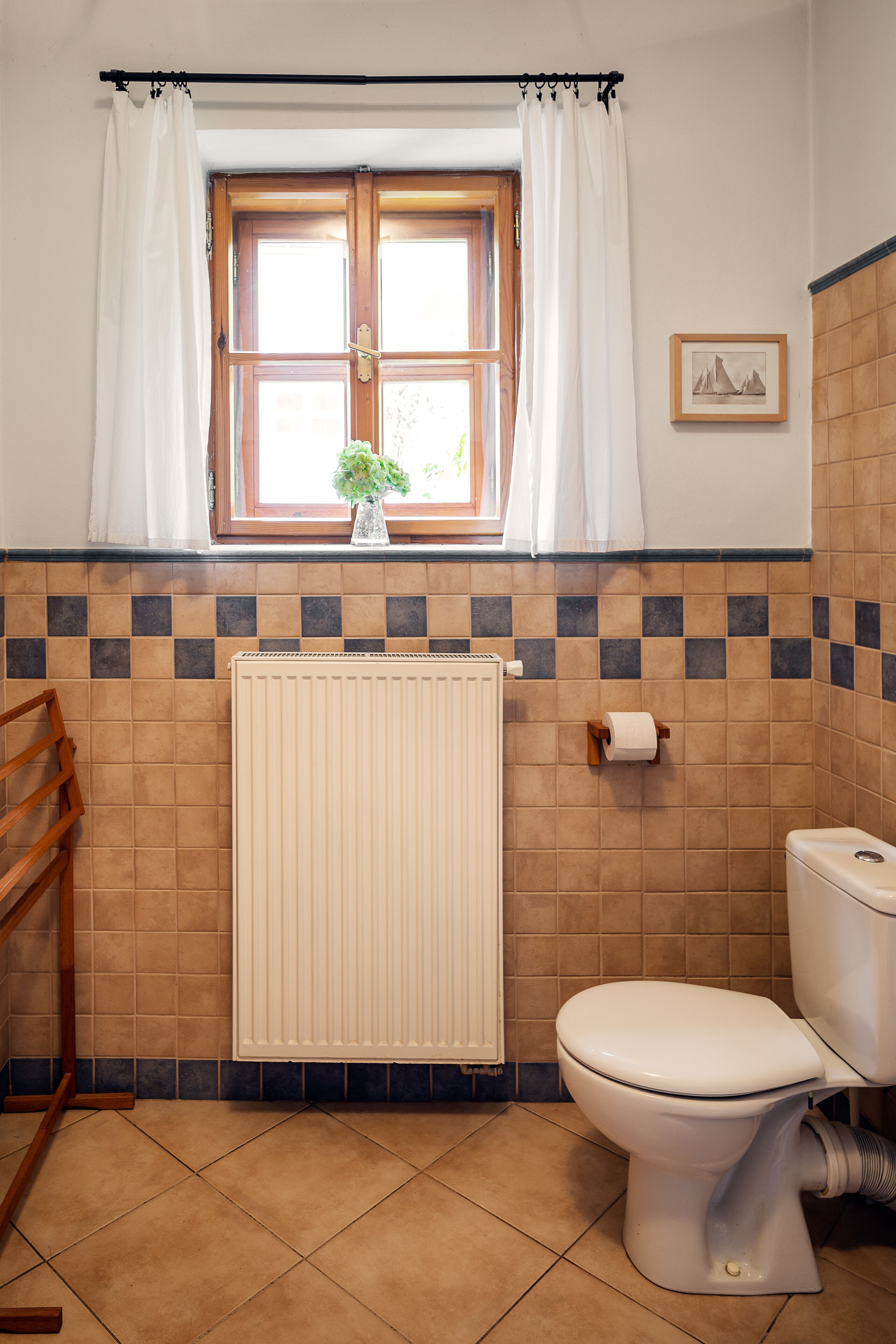 A bathroom with a toilet, a radiator, a window with curtains, and a towel rack.