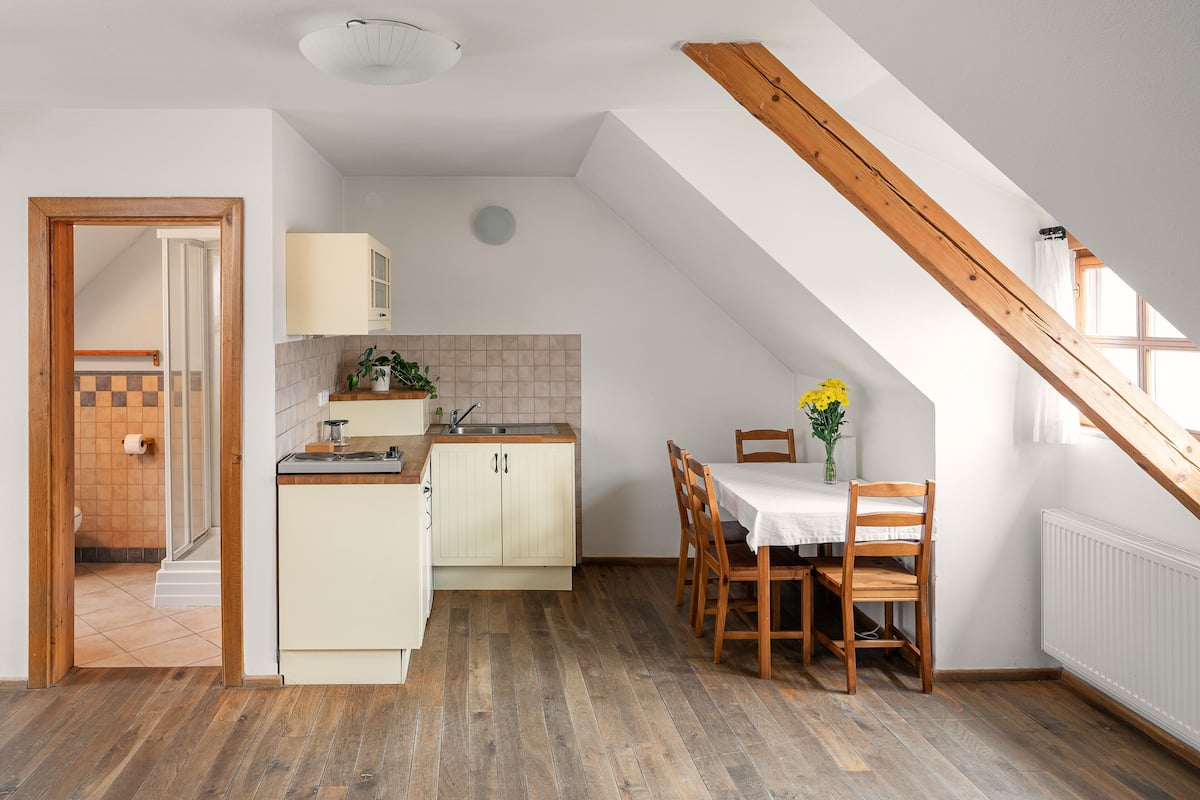 Standaard appartement | Privékeuken | Een koelkast, een kookplaat, een waterkoker, kookgerei, borden en bestek