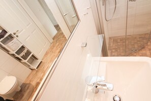 Shower, hair dryer, toilet paper