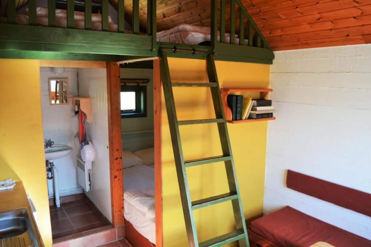 A bunk bed with a ladder, a small shelf with books, and a window.