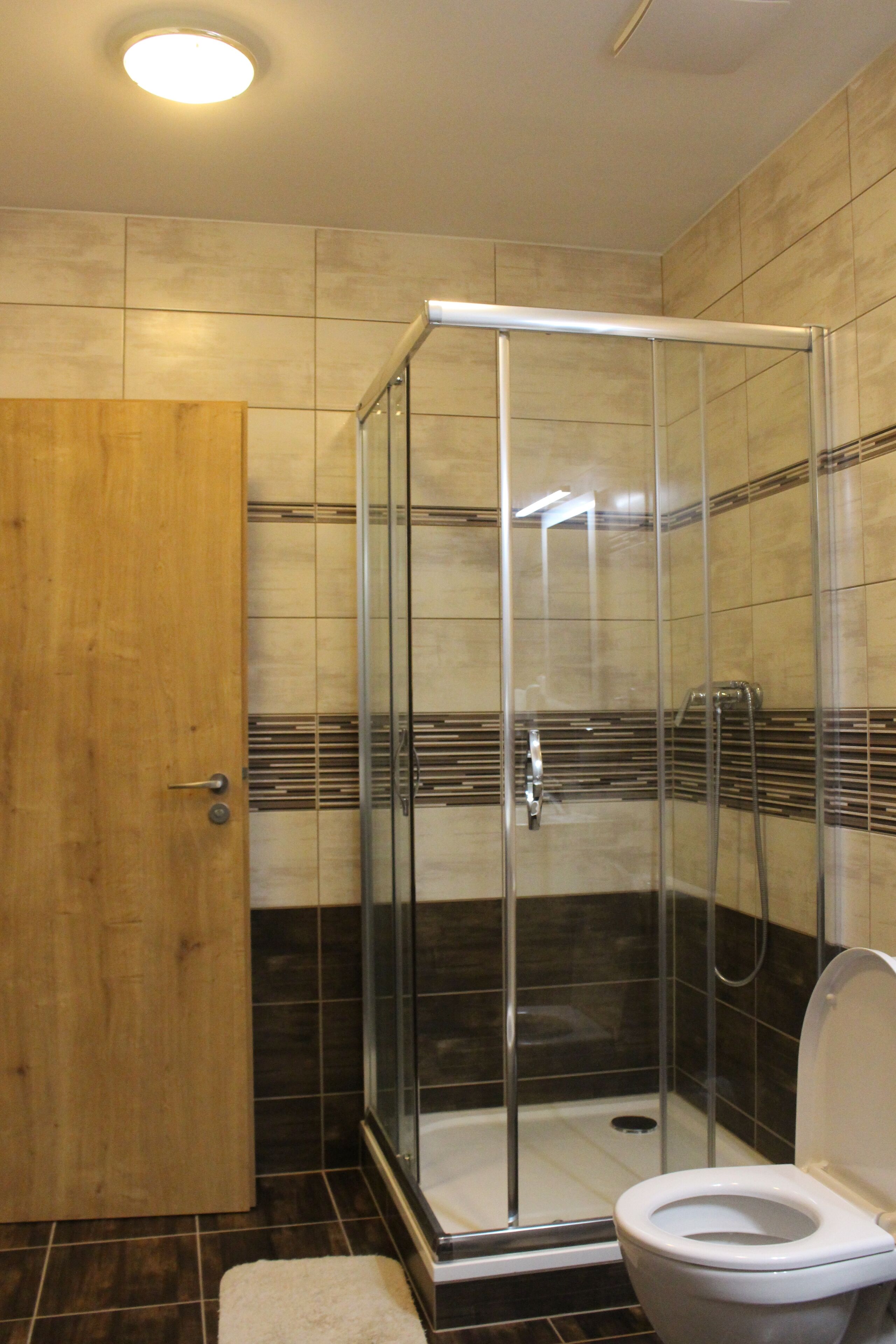 Un baño con ducha de vidrio, inodoro blanco y puerta de madera.