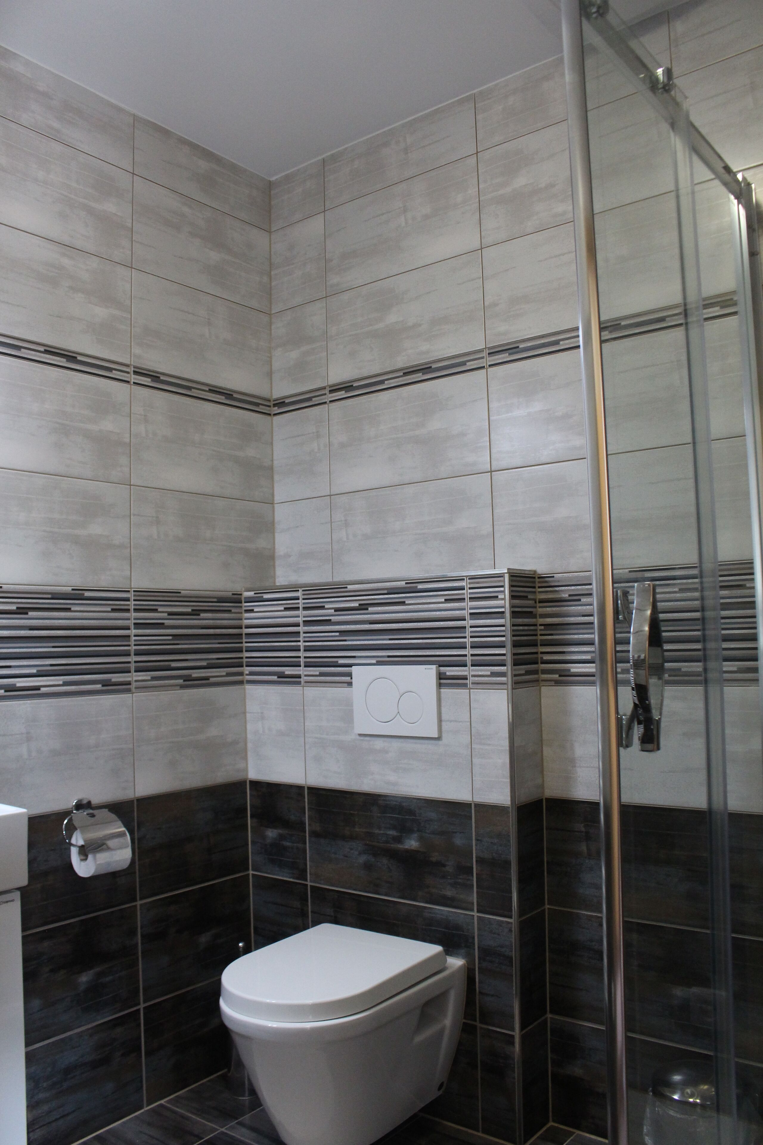 A modern bathroom with a toilet, a glass shower enclosure, and tiled walls.