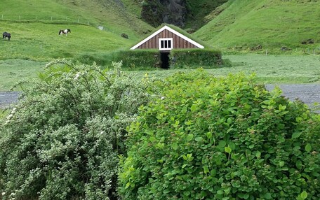 A small, rustic house with a white door and a window, surrounded by lush green hills and a grassy field.