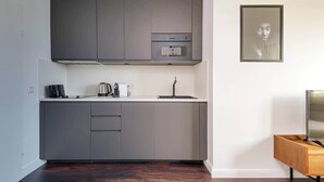 A compact kitchen with grey cabinets, a built-in oven, and a coffee maker on the countertop. - Studio des roses 4 * place des Martyrs hyper center (Luxembourg)